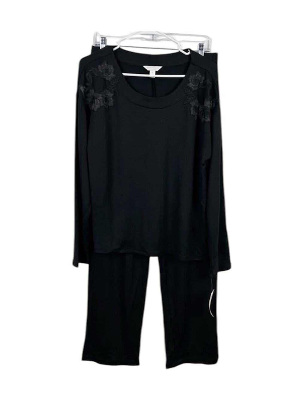 Charter Club Black Pajama Set with Shoulder Lace Appliquรฉ Size Medium